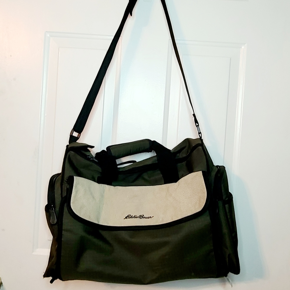 Eddie Bauer Duffel Travel Bag Green/Black Canvas, Tan Suede Flap 17x8x12 EUC